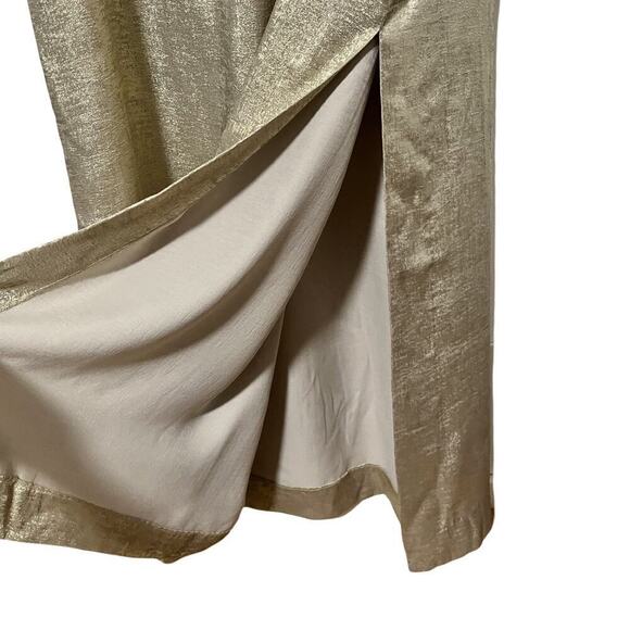St. John Metallic Champagne V Neck Gown Size L Side Slit Luxe Maxi Dress - FLAWS - Picture 7 of 12
